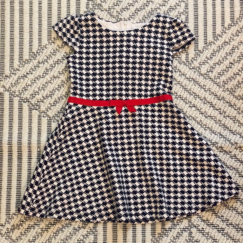 Black White Checked Houndstooth Olivia Dress w GrosGrain Red Bow and Cap Sleeves